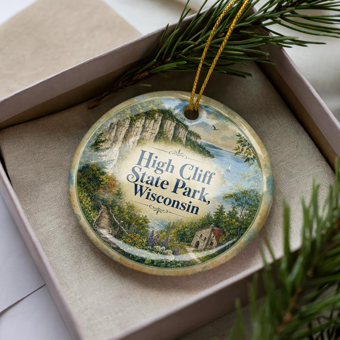 A decorative ornament with a scenic image of High Cliff State Park, Wisconsin, displayed in a box with pine branches.