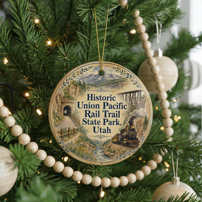 A round ornament hanging on a Christmas tree, featuring an illustration of a train and a scenic landscape.