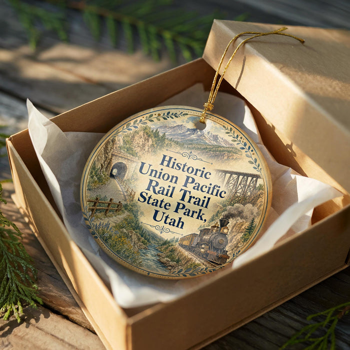 A decorative ornament in a wooden box, featuring an illustration of a train on a scenic landscape.