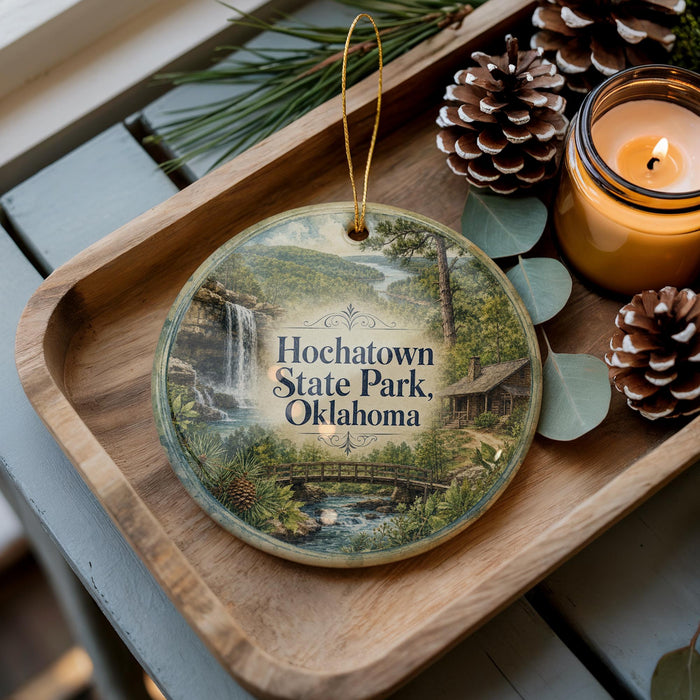 A wooden tray with a decorative ornament featuring a scenic image of Hochatown State Park, Oklahoma, along with pine cones and a lit candle.