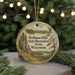 A round ornament with a scenic landscape of Hoffman Hills State Recreation Area, Wisconsin, featuring a mountain, river, and pine trees.