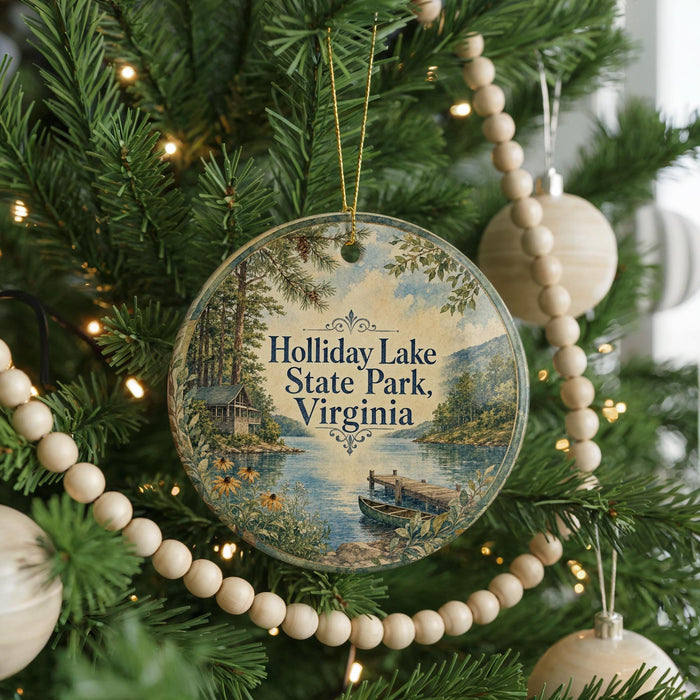 A round ornament hanging on a Christmas tree, featuring a scenic image of Holliday Lake State Park, Virginia.