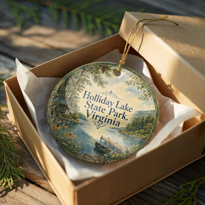 A decorative ornament in a box, featuring a scenic image of Holliday Lake State Park, Virginia.