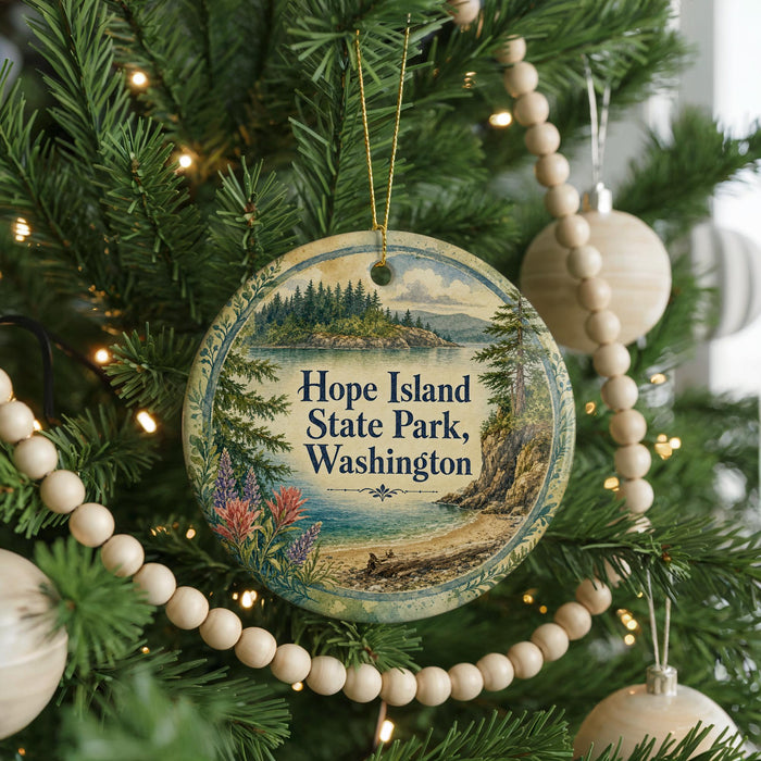 A round ornament hanging on a Christmas tree, featuring a scenic landscape of Hope Island, Washington.