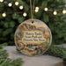A round ornament with a scenic image of a desert landscape, featuring a bird, cacti, and mountains, along with the text "Hueco Tanks State Park and Historic Site, Texas".