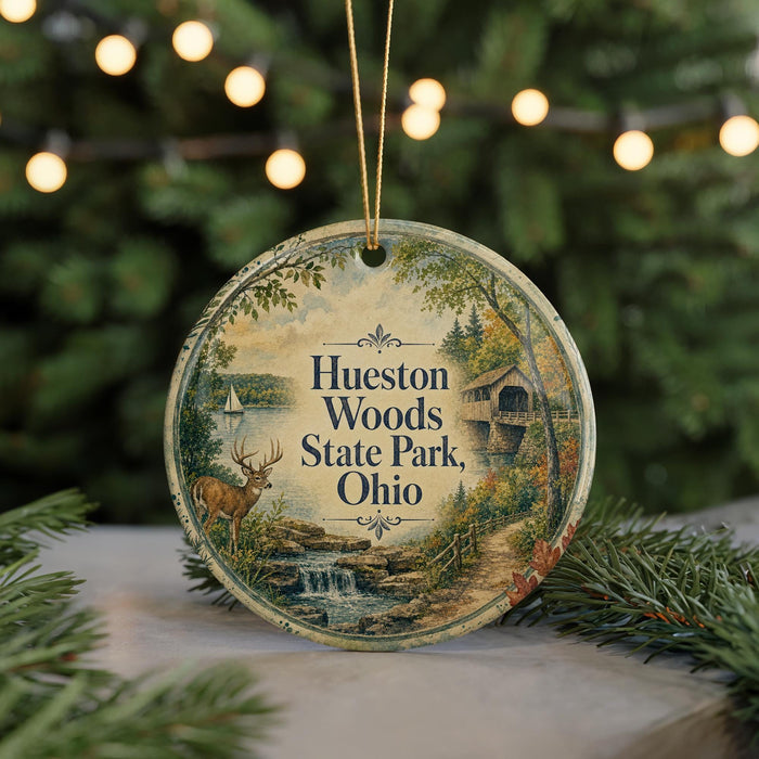 A round ornament with a scenic image of a deer and a bridge, surrounded by greenery, with the text "Hueston Woods State Park, Ohio" displayed on it.