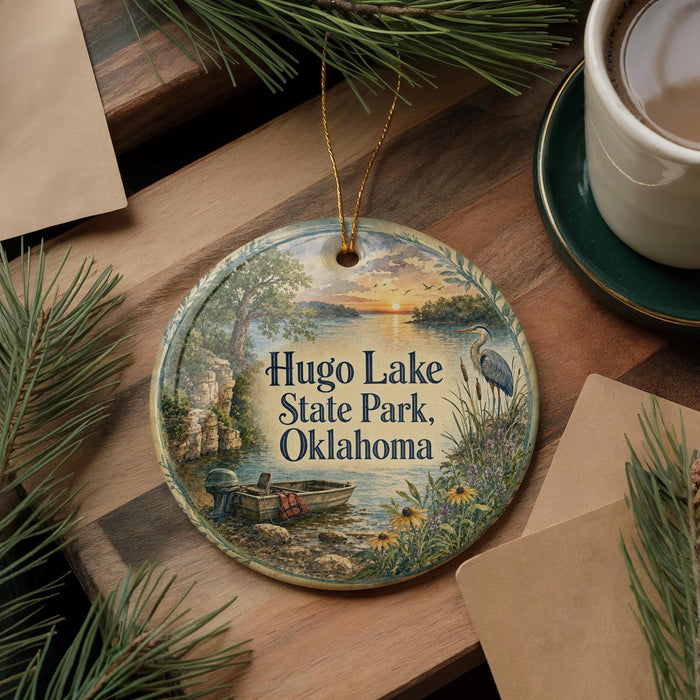 A decorative ornament featuring a scenic landscape with a lake, boat, and birds, along with the text "HUGO LAKE STATE PARK, OKLAHOMA".