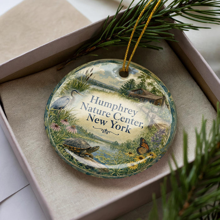 A decorative ornament in a box, featuring illustrations of wildlife and nature scenes, with the text "Humphrey Nature Center New York" prominently displayed.