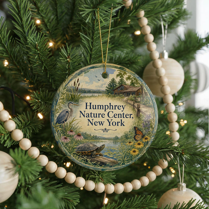 A round ornament hanging on a Christmas tree, featuring a scenic landscape with a lake, trees, and wildlife.