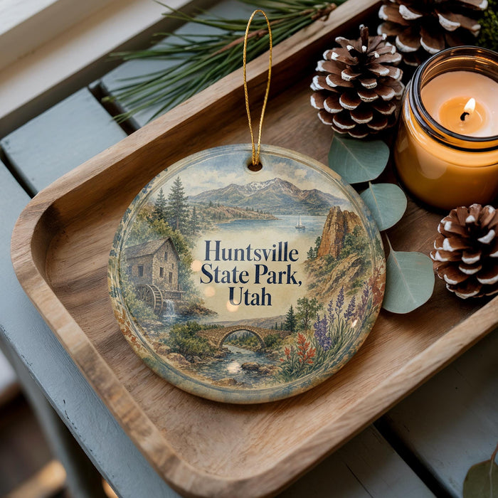 A decorative ornament with a scenic landscape of Huntsville State Park, Utah, featuring a house, mountains, and a river. The ornament is placed on a wooden tray, with pine cones and a lit candle nearby.