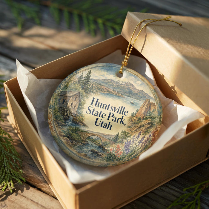 A decorative ornament in a wooden box, featuring a scenic landscape with mountains, a river, and a small building.