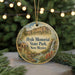A round ornament with a scenic landscape of Hyde Memorial State Park, New Mexico, featuring a waterfall and mountains.