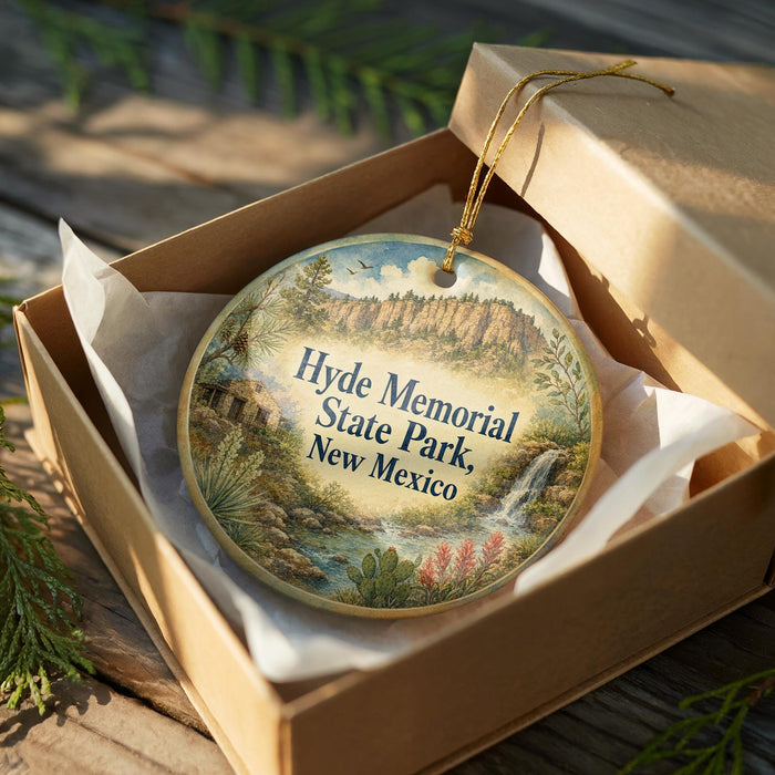 A decorative ornament in a box, featuring a scenic landscape with a waterfall and mountains, with the text "Hyde Memorial State Park, New Mexico" printed on it.