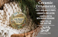 Ceramic ornaments, specifically those featuring the Hyde Memorial State Park in New Mexico, are displayed in a woven basket. The text highlights the ornaments as "cozy, high-quality prints" and "vibrant and long lasting", with a description of their shipping speed and packaging. The image also includes a logo for "Flying Pig - SIGN COMPANY".
