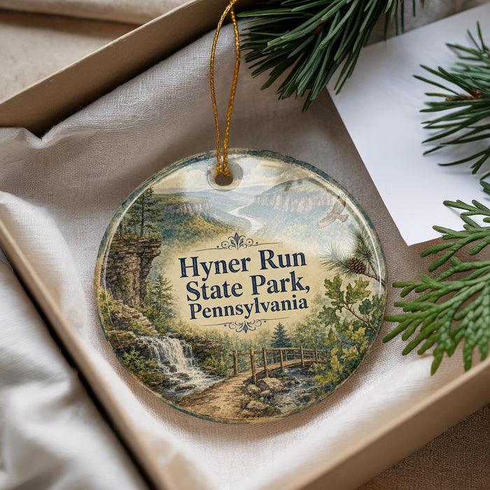 A decorative ornament with a scenic image of Hyner Run State Park, Pennsylvania, hanging from a string.
