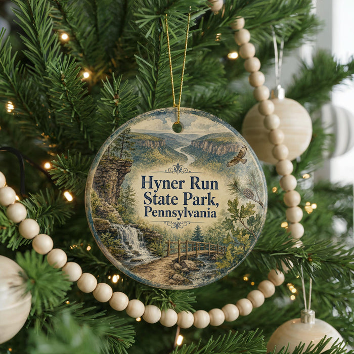A round ornament hanging on a Christmas tree, featuring a scenic image of Hyner Run State Park, Pennsylvania.