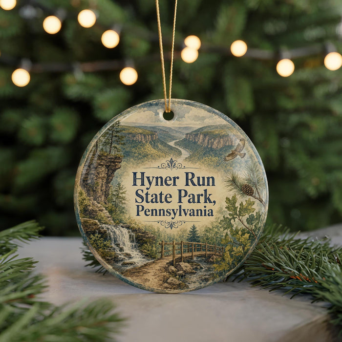 A circular ornament with a scenic image of Hyner Run State Park, Pennsylvania, featuring a waterfall, bridge, and forest.