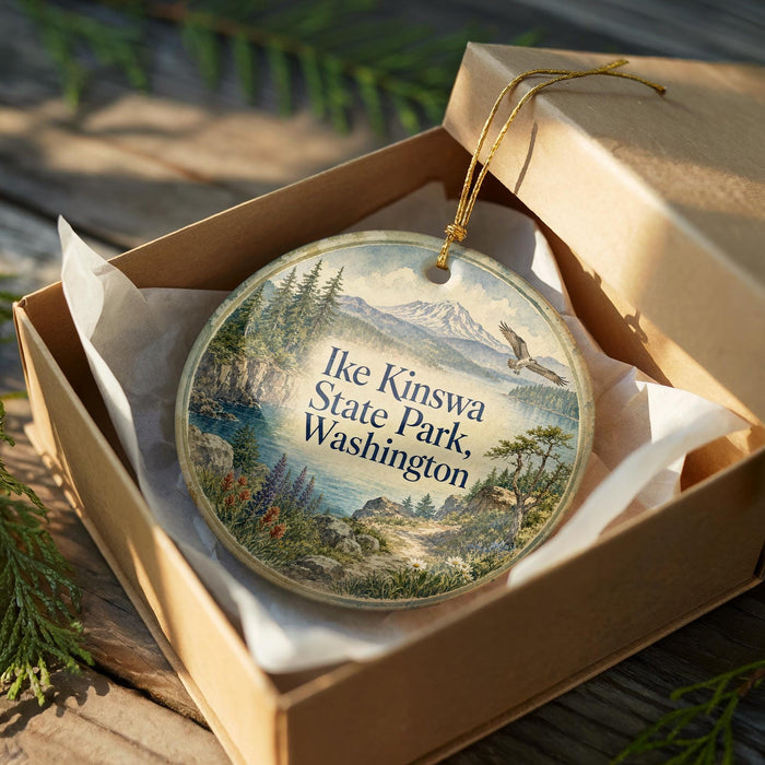 A decorative ornament in a wooden box, featuring a scenic landscape with mountains, trees, and a body of water.