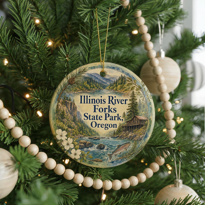 A round ornament hanging on a Christmas tree, featuring a scenic image of Illinois River Forks State Park, Oregon.