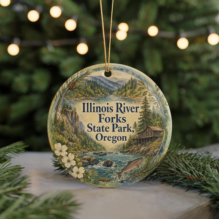 A decorative ornament featuring a scenic image of Illinois River Forks State Park, Oregon, with a cabin and trees in the background.