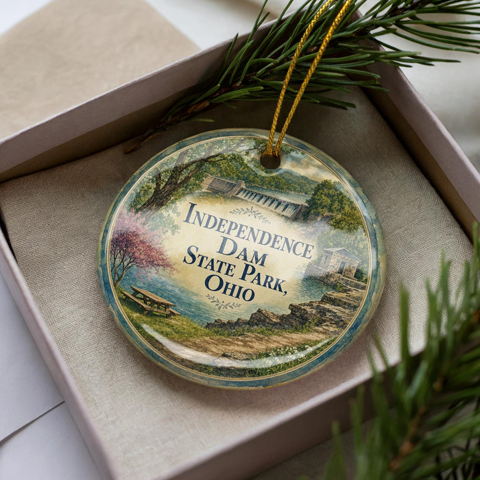 A decorative ornament with a scenic image of Independence Dam, a landmark in Ohio, is displayed in a box with pine branches.