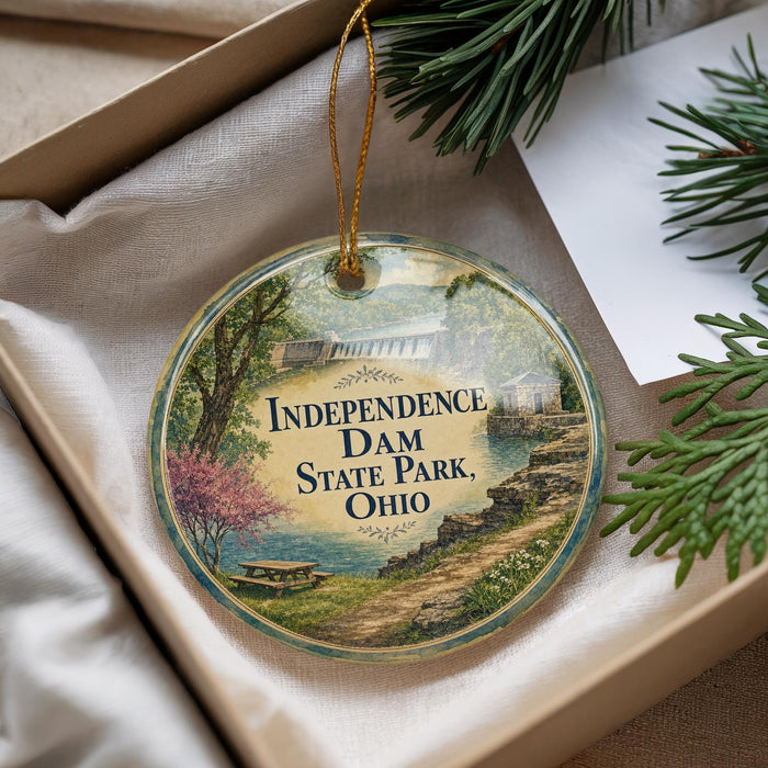 A decorative ornament with a scenic image of Independence Dam State Park, Ohio, hanging from a string.
