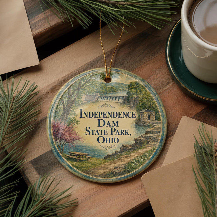 A round ornament with a scenic image of Independence Dam State Park, Ohio, hanging on a wooden surface.