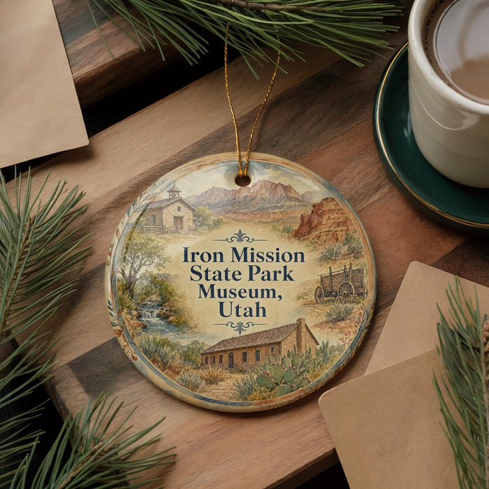 A decorative ornament featuring illustrations of a historic site, including a building and a wagon, with the text "Iron Mission State Park Museum, Utah" prominently displayed.