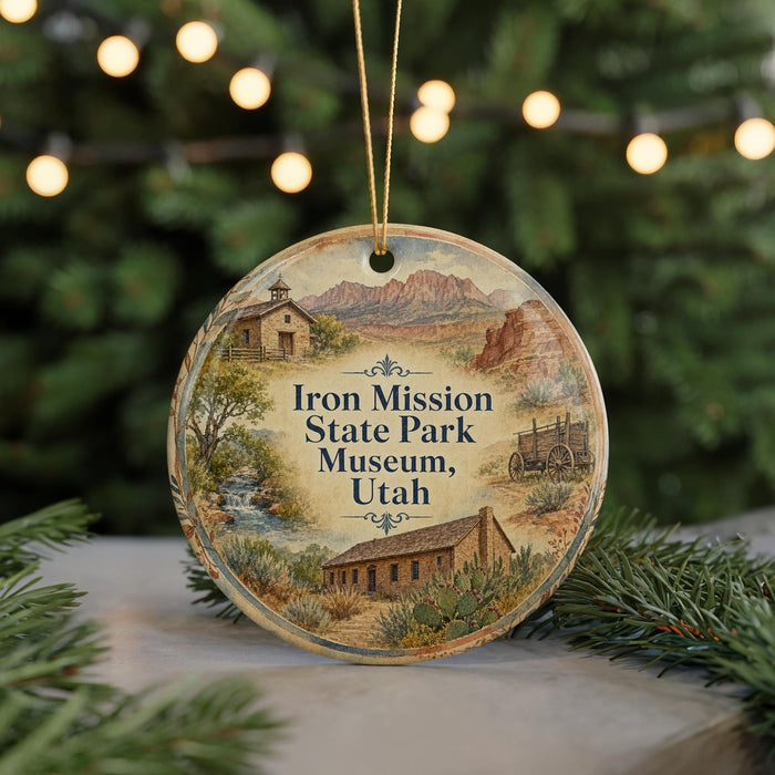 A round ornament with a picture of a state park and a wagon, surrounded by greenery and a string of lights.
