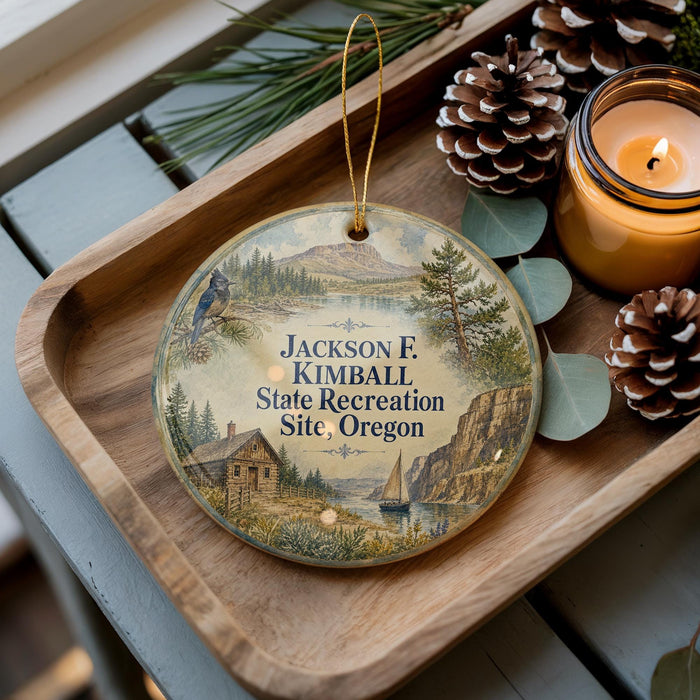 A wooden tray with a decorative ornament featuring a scenic landscape, pine cones, and a lit candle.