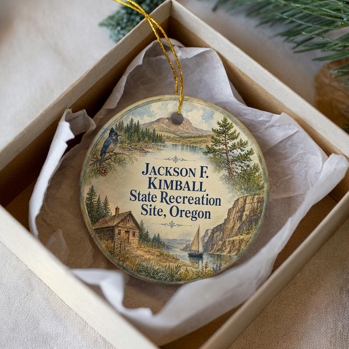 A round ornament in a white box, featuring a scenic landscape with a house, a bird, and a sailboat.