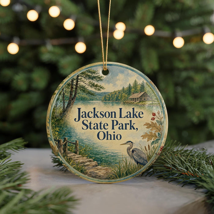 A round ornament with a scenic lake and forest landscape, featuring a bird and a cabin, is displayed on a table with Christmas lights in the background.