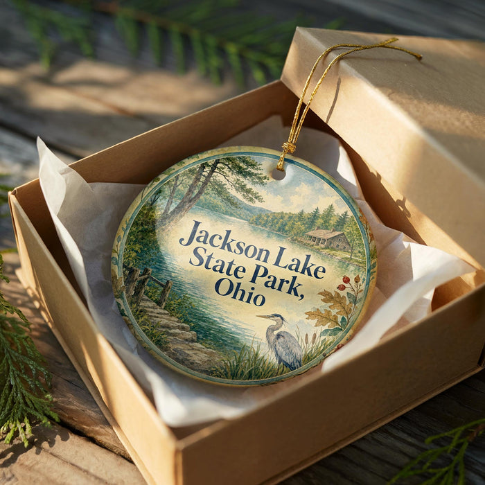 A round ornament in a box, featuring a scenic landscape with a lake, trees, and a bird, is displayed on a wooden surface.
