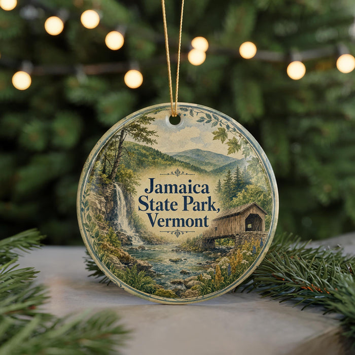 A round ornament with a scenic image of Jamaica State Park, Vermont, featuring a waterfall and a wooden bridge.