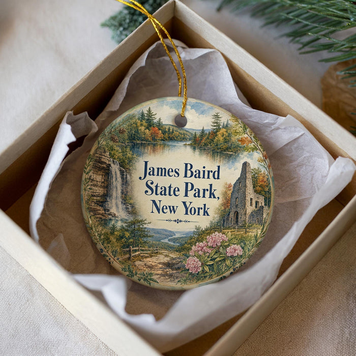 A decorative ornament in a box, featuring a scenic landscape with a waterfall and a castle, with the text "James Baird State Park, New York" prominently displayed.