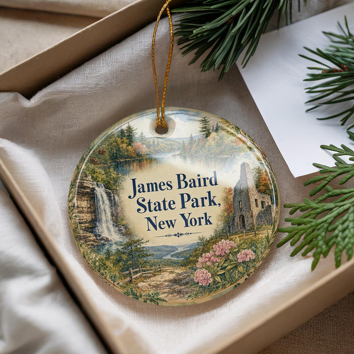 A decorative ornament with a scenic landscape of James Baird State Park in New York, featuring a waterfall, pine trees, and a castle.
