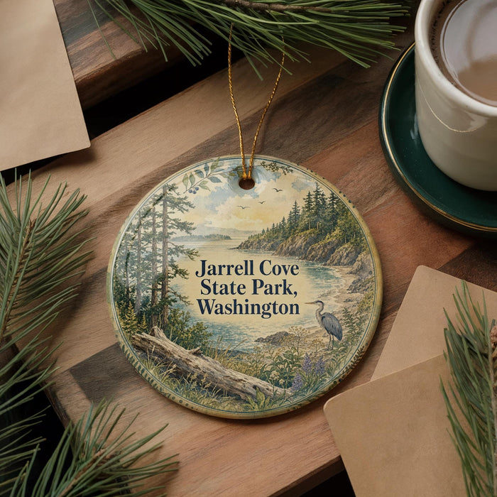 A round ornament with a scenic landscape of trees, water, and a bird is displayed on a wooden surface, accompanied by a cup of coffee and some pine branches.