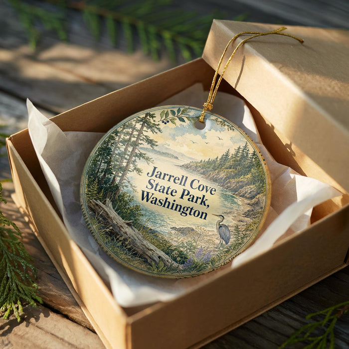 A circular ornament in a wooden box, featuring a scenic landscape with trees, a river, and a bird, is displayed on a wooden surface.