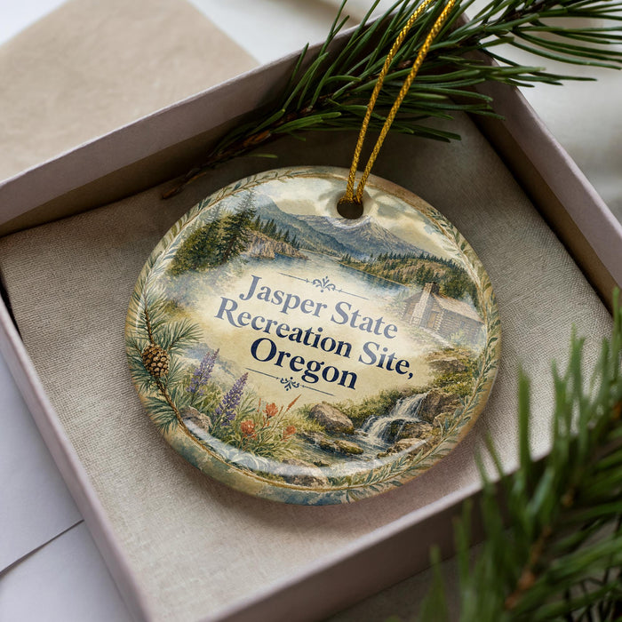 A decorative ornament with a landscape scene, featuring a mountain, pine trees, and a waterfall, is displayed in a box with pine branches.