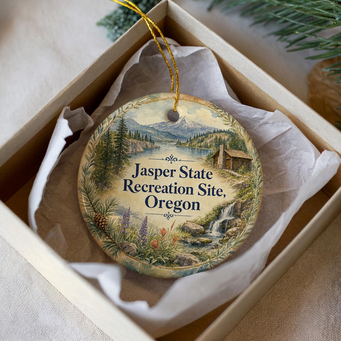 A decorative ornament in a box, featuring a scenic landscape with mountains, pine trees, and a waterfall. The text on the ornament reads "Jasper State Recreation Site, Oregon".