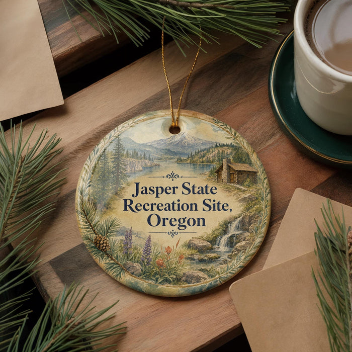 A round ornament with a scenic mountain landscape and pine trees, featuring the text "Jasper State Recreation Site, Oregon" on it, is displayed on a wooden surface alongside a cup of coffee and some papers.