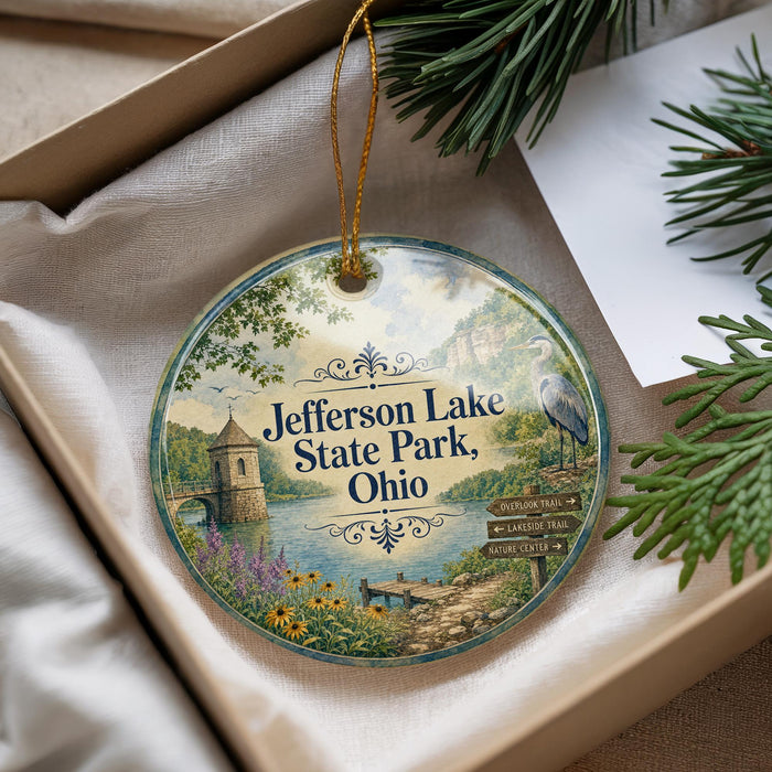A decorative ornament with a scenic image of Jefferson Lake State Park, Ohio, featuring a lake, a castle, and a bird.
