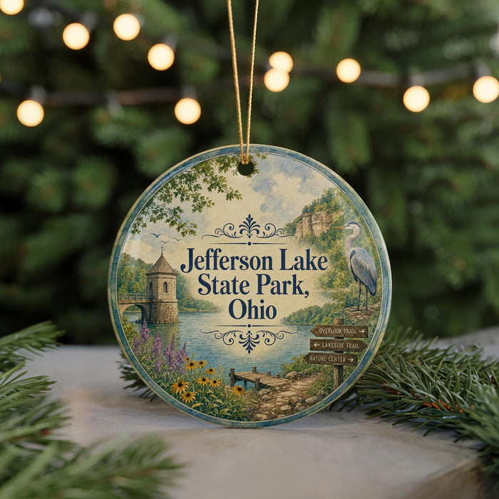 A decorative ornament featuring a scenic image of Jefferson Lake State Park, Ohio, with a bird and a bridge in the background.