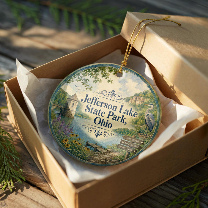 A round ornament in a box, featuring a scenic landscape with a lake, park, and surrounding nature.
