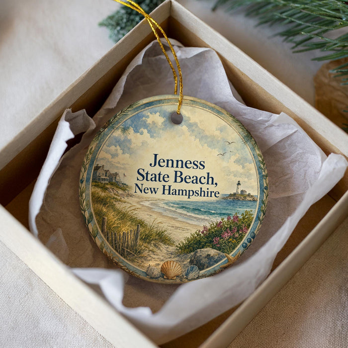 A decorative ornament in a box, featuring a scenic image of Jenessy State Beach in New Hampshire.