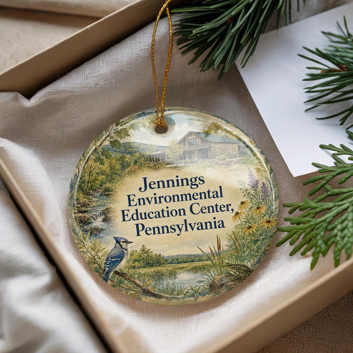 A decorative ornament in a box, featuring a blue jay perched on a branch and a scenic landscape.