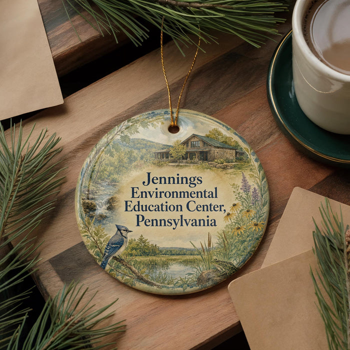 A round ornament with a bird perched on a branch, surrounded by greenery, sits on a wooden surface.