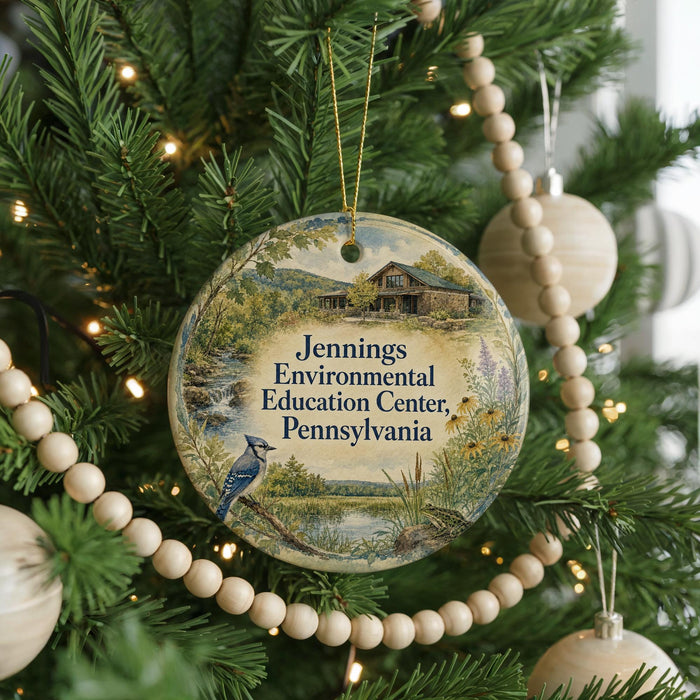 A Christmas tree ornament with a bird and a house, surrounded by lights and beaded decorations.