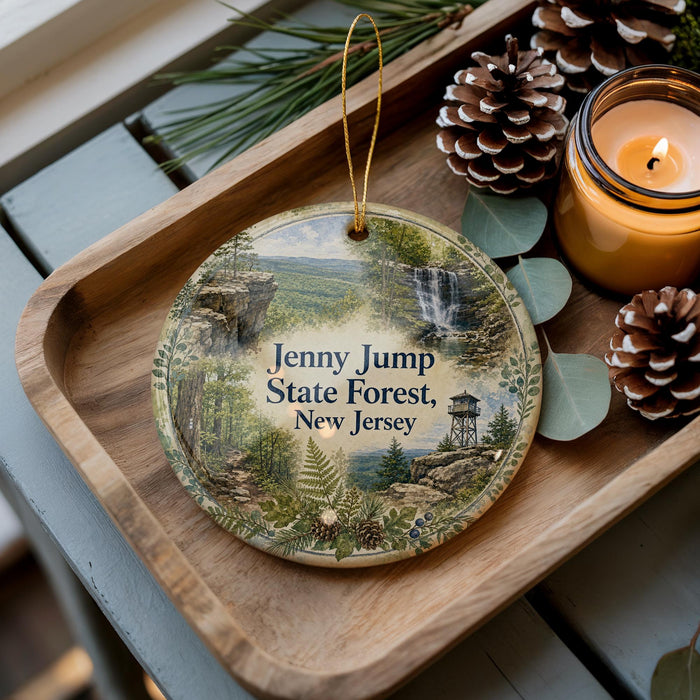 A wooden tray with a decorative ornament featuring a scenic landscape of Jenny Jump State Forest, New Jersey, along with pine cones and a lit candle.
