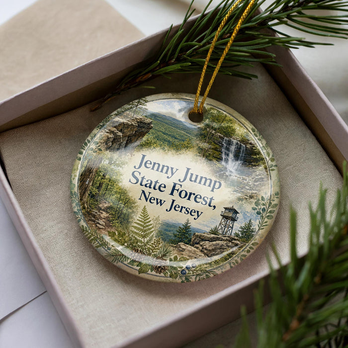 A decorative ornament in a box, featuring a scenic landscape with a waterfall and pine trees.